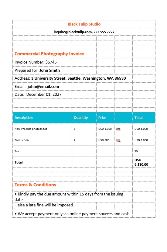 Commercial Photography Invoice Template PSD template